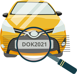 Ilustração de carro e lupa na placa DOK 2021